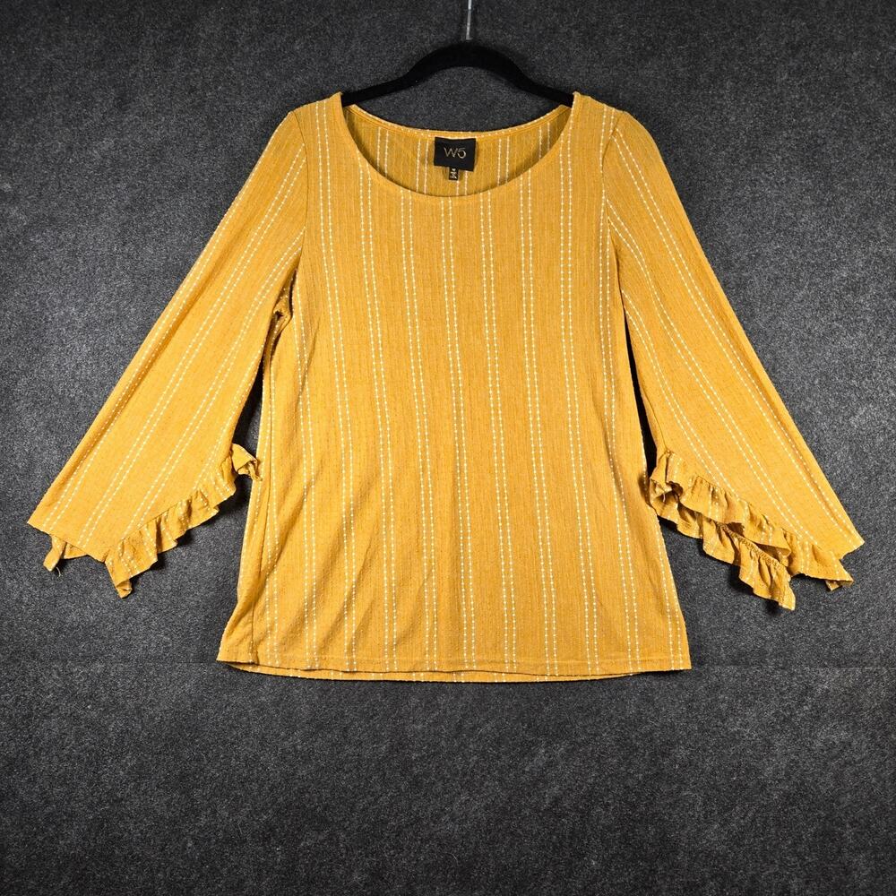 W5 Top Blouse Femme Size M Marigold Yellow 3/4 Sleeve Ruffle Striped USA Made